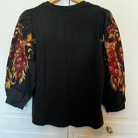 Chicos 2 Black Embroidered Embellished Peacock Sleeve Shirt Large - Picture 3 of 8